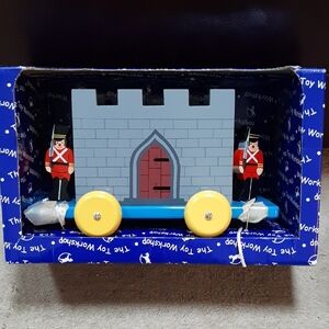 NIB Wood Castle Pull Toy with Red Soldiers